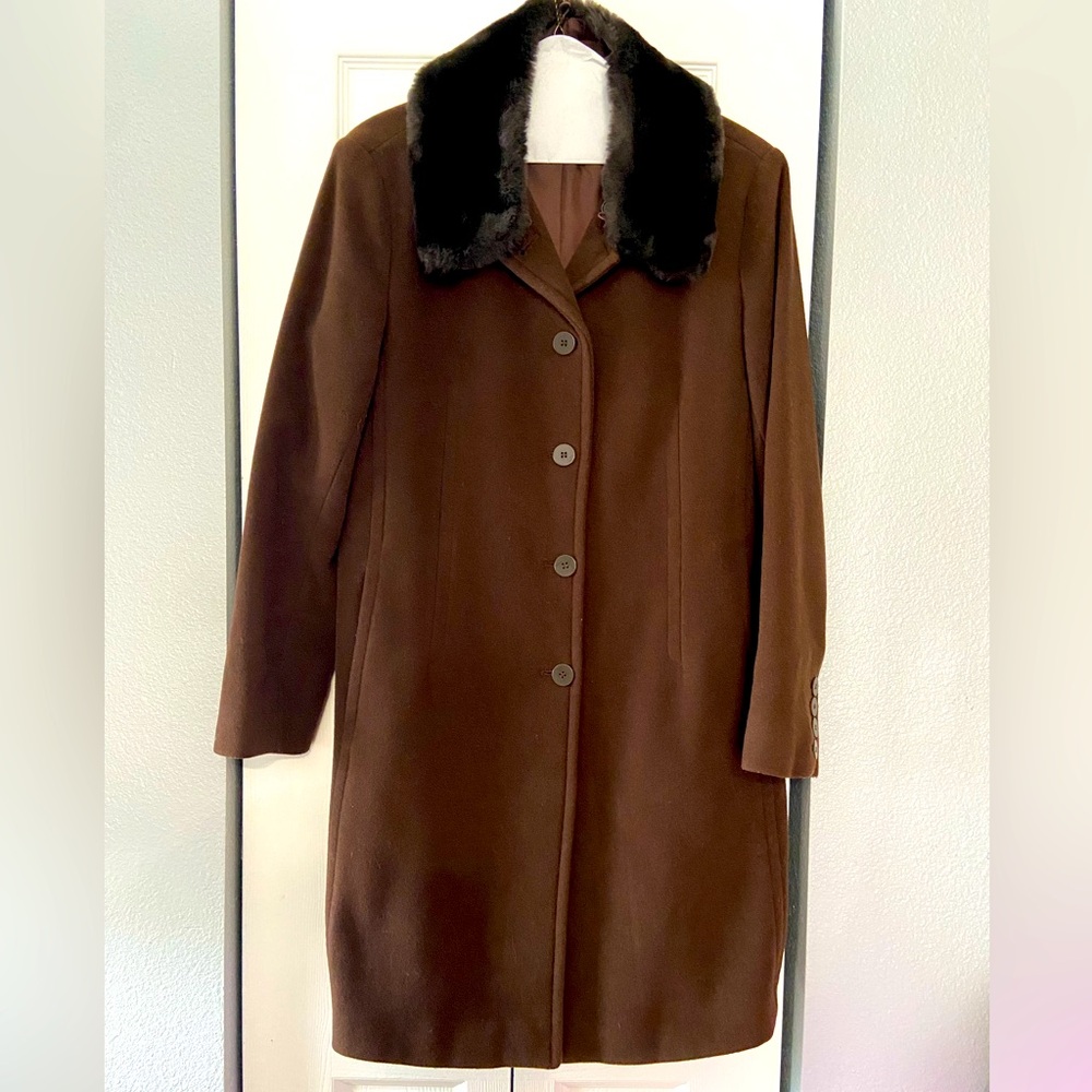 Anne Klein Ladies Brown winter coat with removable fur collar size M